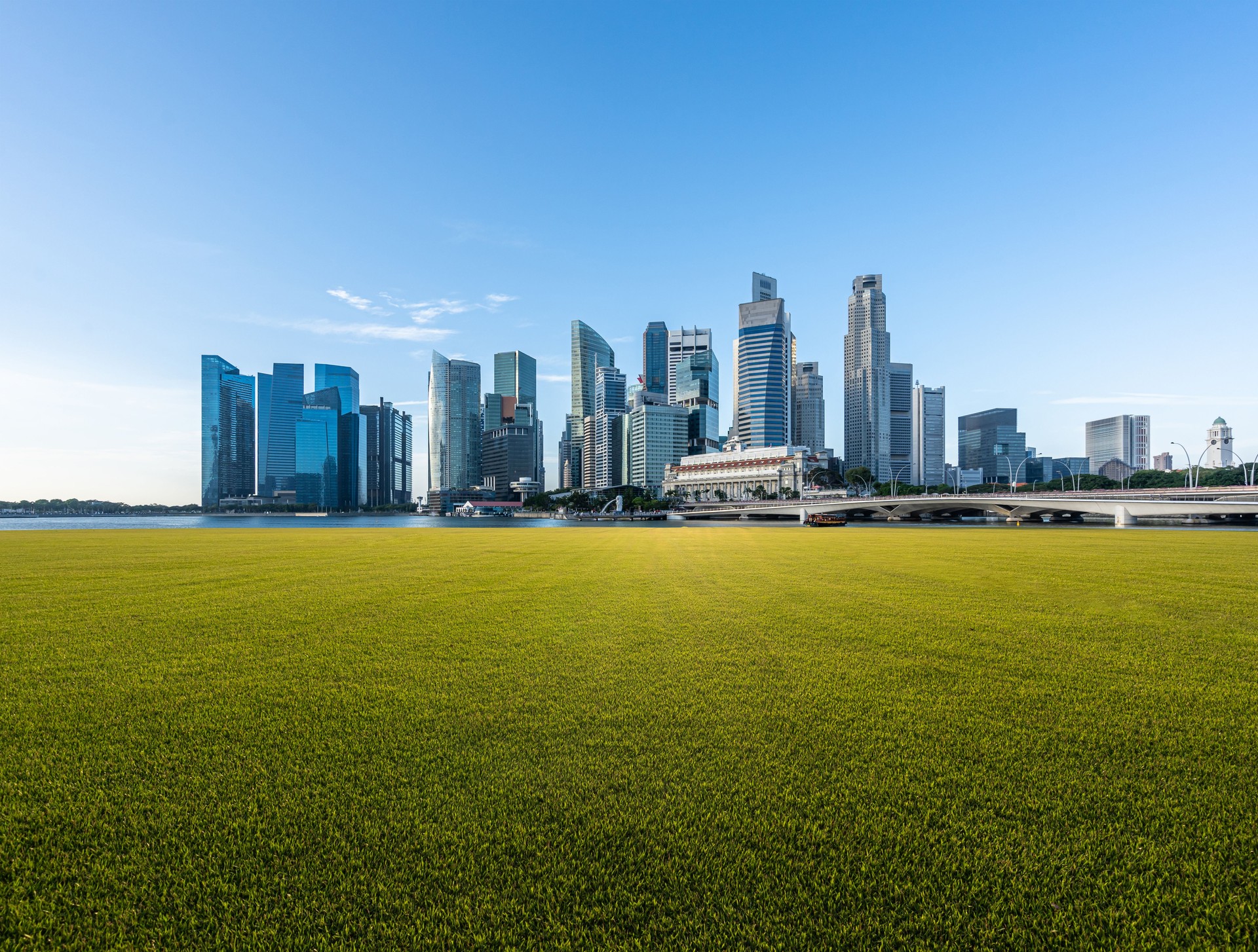 green lawn with city skyline in singapore